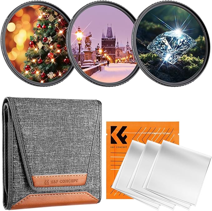 K&F CONCEPT 72mm Star Filters Kit (3pcs) 4 Points 6 Points 8 Points Cross Screen Starburst Filters Set -18 Layer Coating Ultra Slim Optical Glass Camera Lens Filter with 3 Cleaning Cloth
