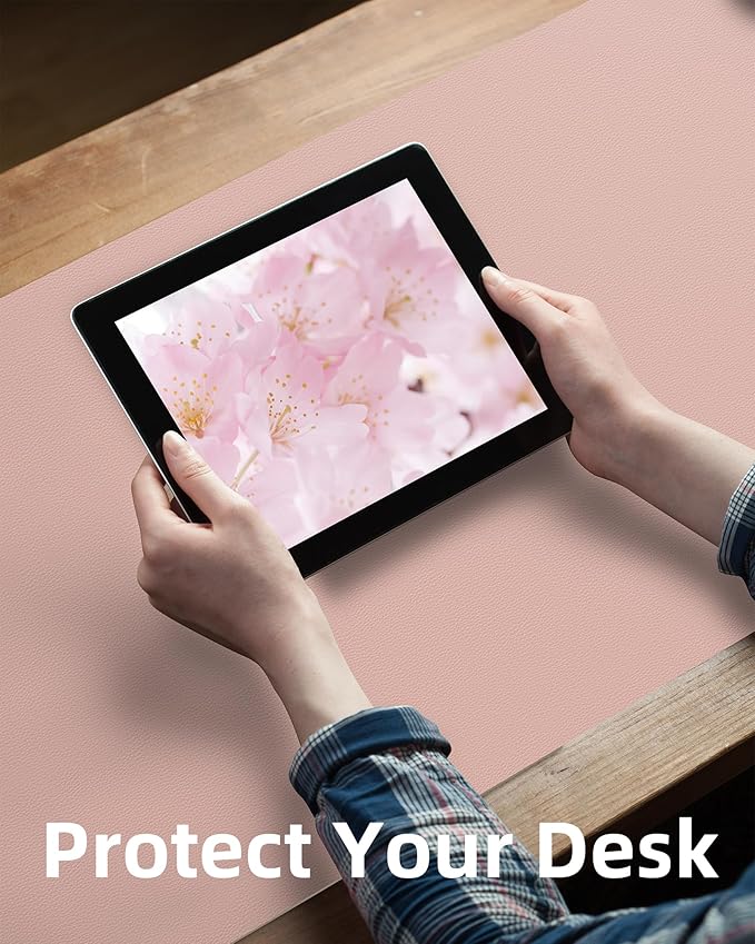AFIING Leather Desk Pad Protector,Mouse Pad,Office Desk Mat, Non-Slip PU Leather Desk Blotter,Large Desk mat,Waterproof Keyboard mat for Office/Home/Decor (Pink,55"" x 17"")