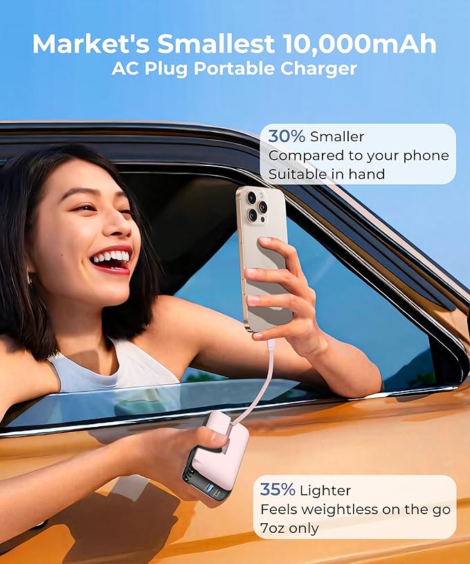 1 Pack Portable Charger with Built-in USB-C Cable & Plug, 10,000mAh 5V/4.5A Power Bank Fast Charging 22.5W, Travel Essential Battery Pack 3 Output for iPhone 16/15 Series, Samsung Galaxy, iPad