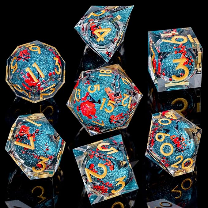 ARUOHHA DND Resin Dice Plum Blossom Liquid Core Dice Golden Blue Sharp Edged Polyhedral Dragons Dice Set with Gift Box, Dungeons D and D Dice Role Playing Game D20 D12 D10 D8 D6 D4