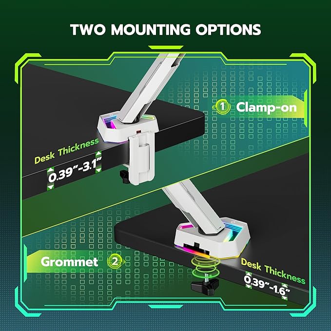ARES WING RGB Single Monitor Arm Desk Mount for 17-45 inches Flat and Curved Monitors, Holds 35.2 lbs Heavy Duty, Adjustable Ultrawide Monitor Arm with Clamp & Grommet Base, 75/100 VESA Mount, White