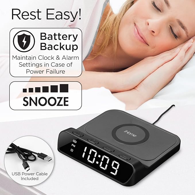 iHome Wireless Charger with Alarm Clock, Compact Digital Alarm Clock for Bedroom, Home Office, or Dorm (iW14)