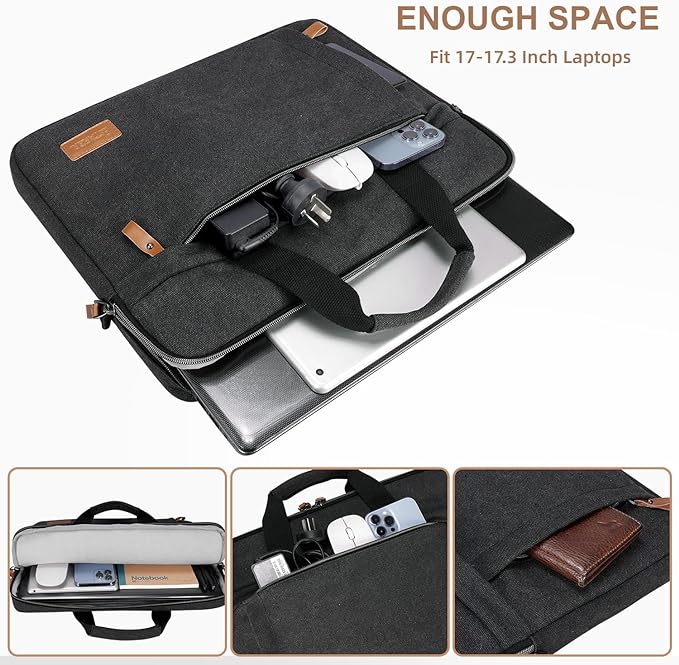 ESTARER Laptop Bag 17-17.3 Inch, Computer Bags for Men Water-resistant Canvas Laptop Case Slim Laptop Sleeve Fits Hp/Dell/Asus/Lenovo/Acer, Dark Grey