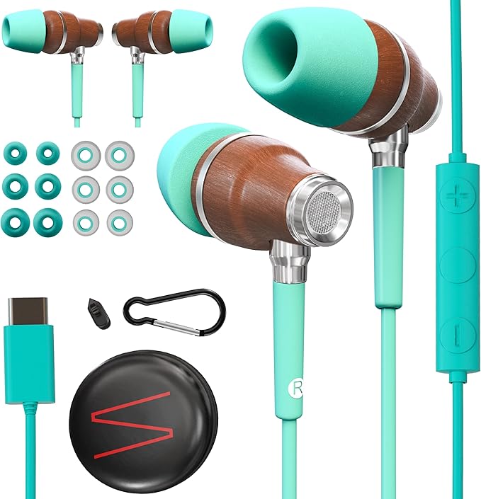 Symphonized Premium Wooden iPhone Earphones Wired (USB C) Deep Bass Sound, 3D Sound, Microphone Volume Control, 90% Noise Cancelling for Type C Devices. Earphones for iPhone 15 to 16 & Android