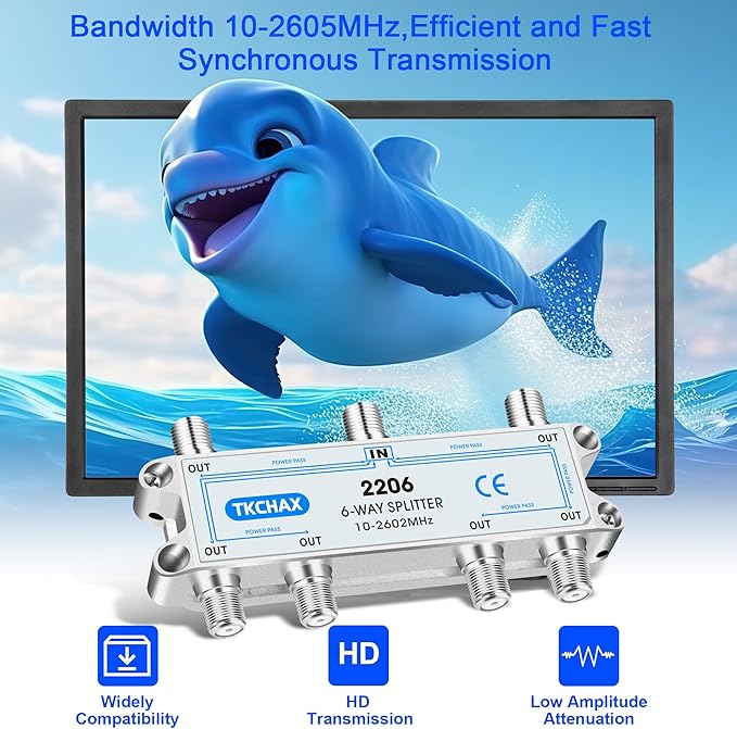 Coaxial Cable Splitter,Support 10-2602MHz,RG6 RG59 Coax Compatible,Work with MoCA2.5 and MoCA3.0, CATV, Satellite TV, Antenna, HDTV and High Speed Internet (6 Way Coaxial Cable Splitter)