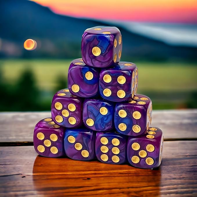 Luck Lab 10 Piece D6 Dice Pack - Acrylic Dice for RPG MTG DND Dice Table Games and Board Games (Blue and Purple Swirl with Gold Pips)