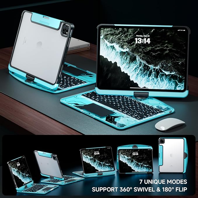 Transparent Case with Keyboard for iPad Air 13 Inch (M3/M2, 2025/2024), iPad Pro 12.9 Inch (6/5/4/3 Gen),7-Color Backlit,Magic Wireless Keyboard, 360°Rotating,with trackpad,Pencil Holder,Blue