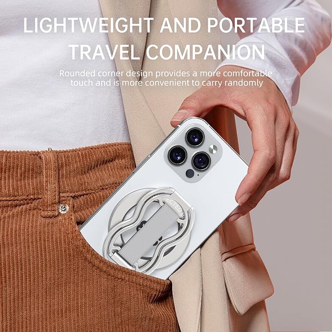 RESPECTED-BRO-Magnetic-Phone-Grip-Stand-with-Finger-Strap, 4-in-1 Magnetic Ring Holder, Kickstand and Elastic Strap for Smartphones, Universal Fit for iPhone, Android, and Cases (Silver)