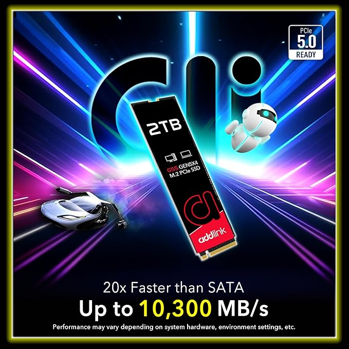 Addlink G55 2TB PCIe 5.0 Gen5 NVMe M.2 SSD- Up to 10,300 MB/s - PC Gaming Upgrade, Photography, Video Editing & Design - Internal Solid State Drive (ad2TBG55M2P)