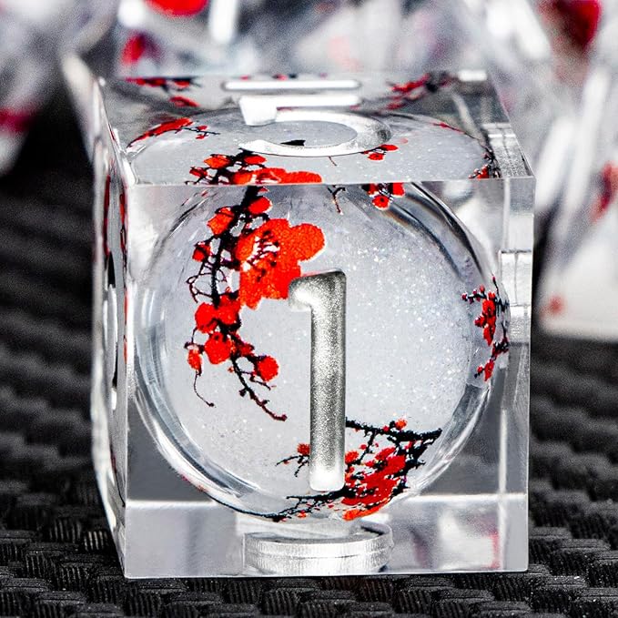 ARUOHHA DND Resin Dice Plum Blossom Liquid Core White Sharp Edge Dragons Polyhedral Dice Set with Gift Box, Compatible with D&D Role Playing Game Dungeons D and D Dice Set D20 D12 D10 D6