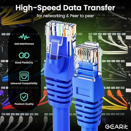 GearIT Cat 6 Ethernet Cable Pack - 10-Pack 2 ft Cat6 Ethernet Patch Cables | RJ45 Network Patch Cable, 10 Gbps Snagless Gold-Plated Connectors - Ethernet Cable Cat 6 for PC, TV, Router - Blue