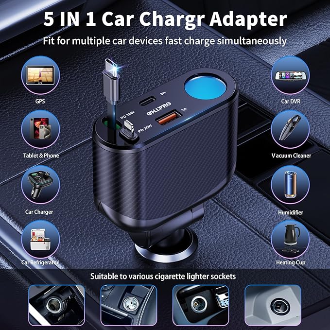 OHLPRO Retractable Car Charger Cigarette Lighter Adapter, 168W 5 in 1 Fast Phone Charging Built-in Replaceable Fuse, Socket Splitter with USB C and USB i Cord, Fit for Phone, iPad, Galaxy, GPS