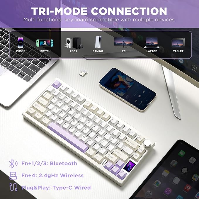 YUNZII AL80 Wireless Mechanical Keyboard,Full Aluminum CNC, Smart LCD Display,Hot Swappable Gasket Mount 75% Layout with Knob,BT/2.4G/USB-C,QMK/VIA Support for Win/Mac (Beige, Cocoa Cream V2 Switch)
