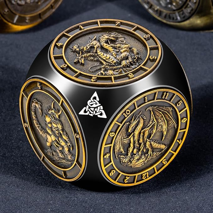 7 in 1 D6 Spinner DND Dice Set D&D, Metal Cube D and D Dice with Gift Box, Dungeons Dragons Role Playing Dice, Black Gold