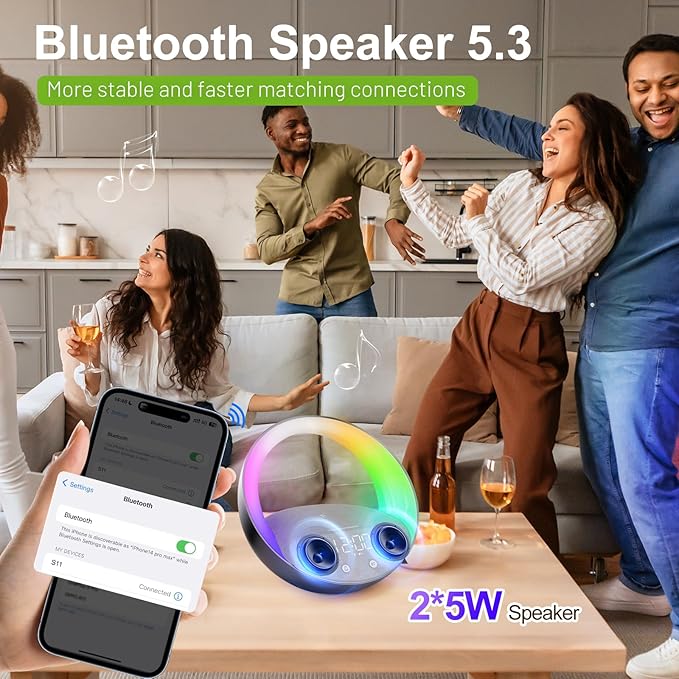 Bluetooth Alarm Clock, Sunrise Simulation Wake Up Night Light, 15W Fast Wireless Charging Alarm Clock for Bedroom, 10W Bluetooth Stereo Sound Speaker, USB Charger Port