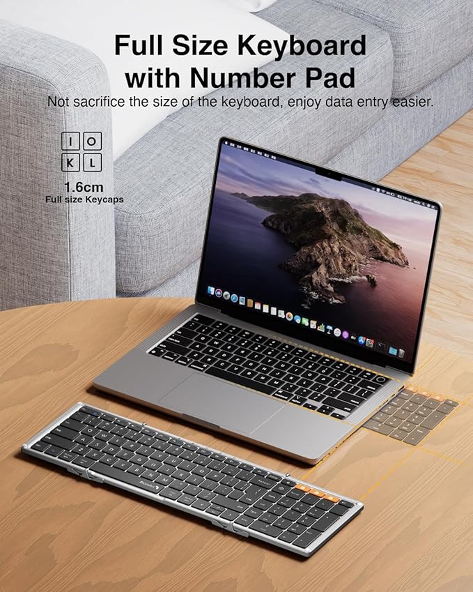 ProtoArc Foldable Bluetooth Keyboard, XK01 Folding Wireless Portable Keyboard with Numeric Keypad, Full-Size Travel Keyboards for iPad Tablet Smartphone Laptop PC Windows iOS Android, Black Silver