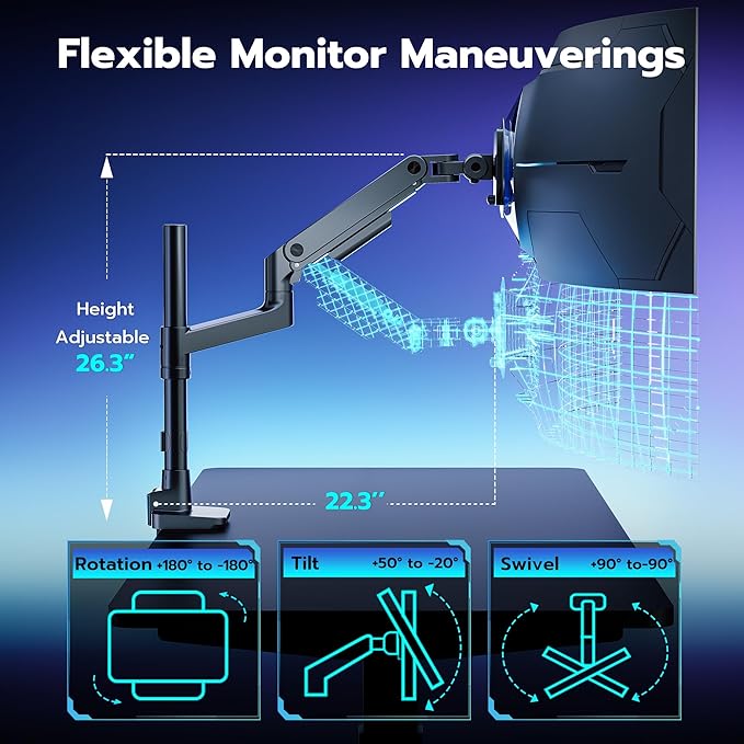 ARES WING Heavy-Duty Monitor Mount for 17-49 inches Ultrawide Curved Flat Monitors, Holds 44lbs, with 18" Extended Column for Desk, Adjustable Gas Spring, Black