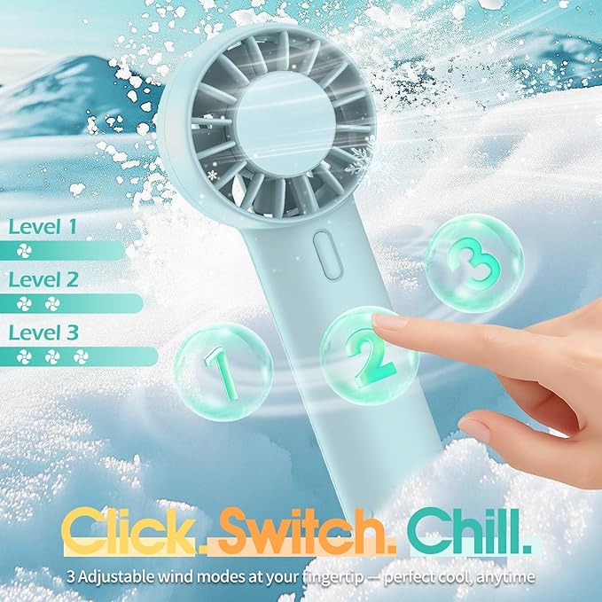 Mini Portable Fan, USB Personal Handheld Fan with 3-Speed Cooling Wind Rechargeable Battery Operated Mini Pocket Design for Desktop/Travel/Outdoor/Vacation/Concerts/Lash Makeup-Blue