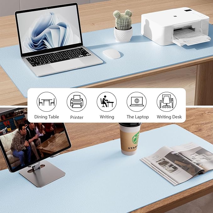 Aothia Leather Desk Pad Protector, Mouse Pad, Office Desk Mat, Non-Slip PU Leather Desk Blotter, Laptop Desk Pad, Waterproof Desk Writing Pad for Office and Home (23.6" x 13.7", Baby Blue)