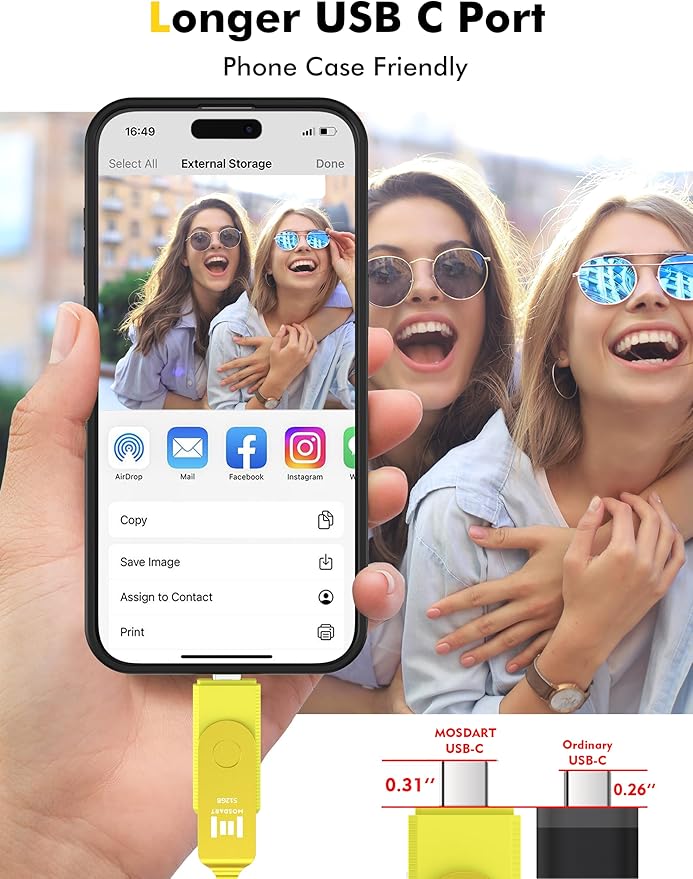 MOSDART 512GB USB3.1 Fast Speed C and A Dual Flash Drive, exFAT Memory Stick with Keychain and LED Indicator, for iPhone 15 and 16, Android Phone, iPad, MacBook, and Other Laptops,Yellow