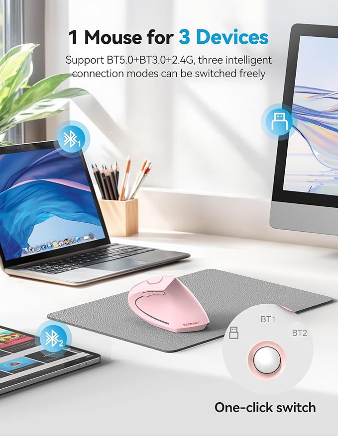 TECKNET Ergonomic Mouse, Rechargeable 2.4G+Bluetooth Vertical Mice 6 DPI Adjustable, Wireless Optical Carpal Tunnel Mouse for Right Hand, Silent 6 Buttons for Laptop, PC, MacBook, iPad - Pink