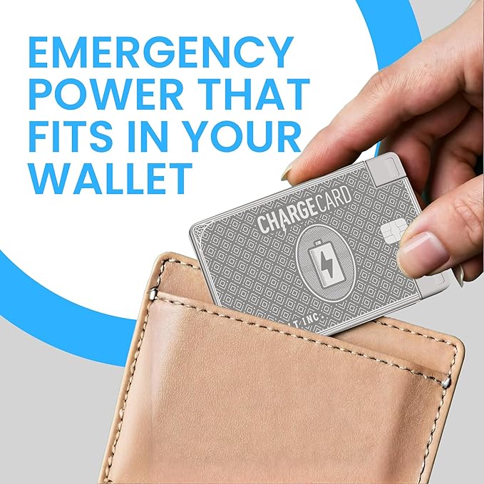 AquaVault ChargeCard – Ultra Slim Emergency Power Bank (2300mAh) – Fits in Wallet – USB-C & Micro-USB – Durable Steel Body – Flight-Safe Pocket Charger for iPhone 16/15/14/13/12, Android - (Platinum)