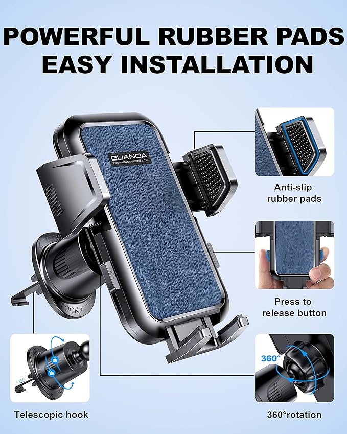 [2025 New] Car Vent Phone Mount, [Upgrade Hook Clip Never Shake] Adjustable 360 Rotation Vent Clip Car Phone Holder Mount, Big Phone & Thick Case Friendly Fit for All iPhone, Samsung & Cell Phone