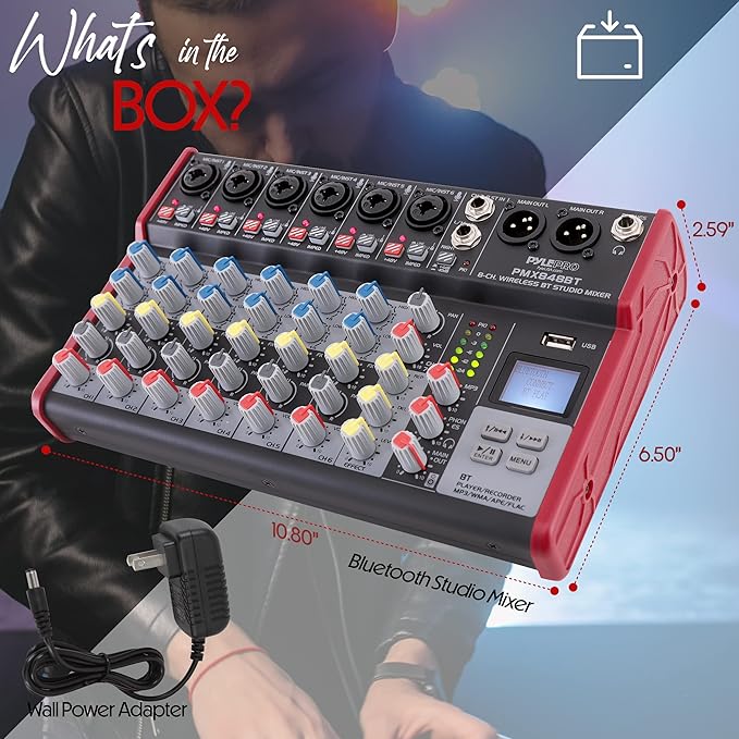 Pyle Professional Wireless DJ Audio Mixer - 8-Channel Bluetooth Compatible DJ Controller Sound Mixer w/USB Port, 6 Mic/Line Input, ¼” Mono/Stereo Input, Headphone Jack, +48V Phantom Power - PMX848BT