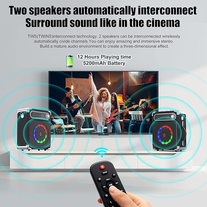 Bluetooth Speaker with Two Wireless Microphones, Outdoor Speaker with Subwoofer/Tweeter, Portable PA Speaker System with Remote Control, Discol Lights, FM, REC for Home, Party