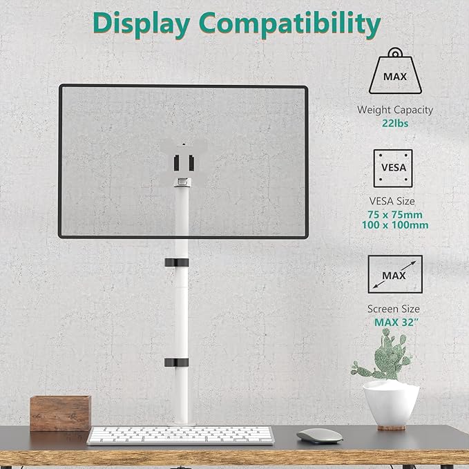 WALI Tall Monitor Stand Desk Mount, Single Extra Tall Monitor Arm Bracket for Computer Screen up to 32 inch, 22lbs (M001XL-W), White