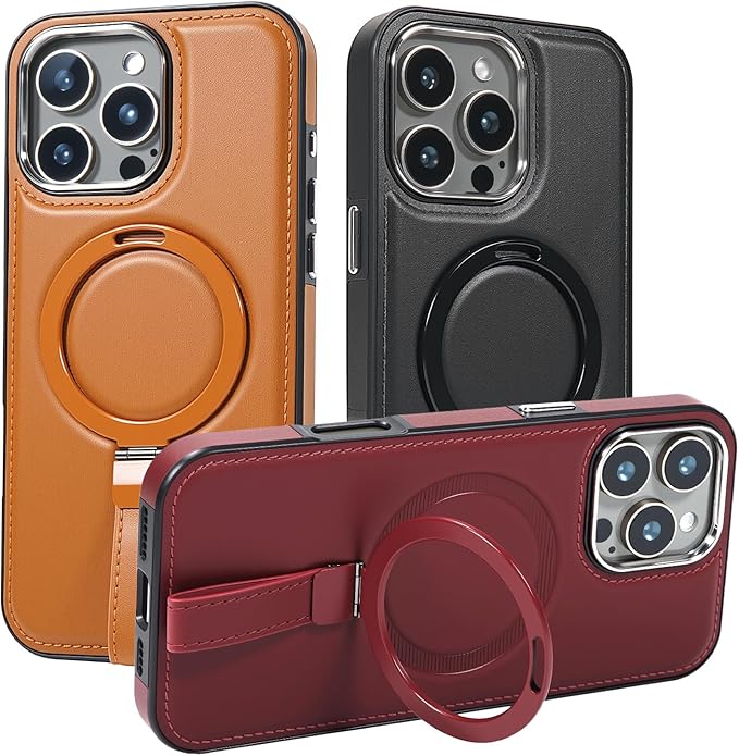 Leather Case, Suitable for iPhone 15 Pro Max Case, Invisible Magnetic Design, Equipped with a Lanyard and Foldable Stand, Black, Yellow and red (Black, iPhone 15 Pro Max)