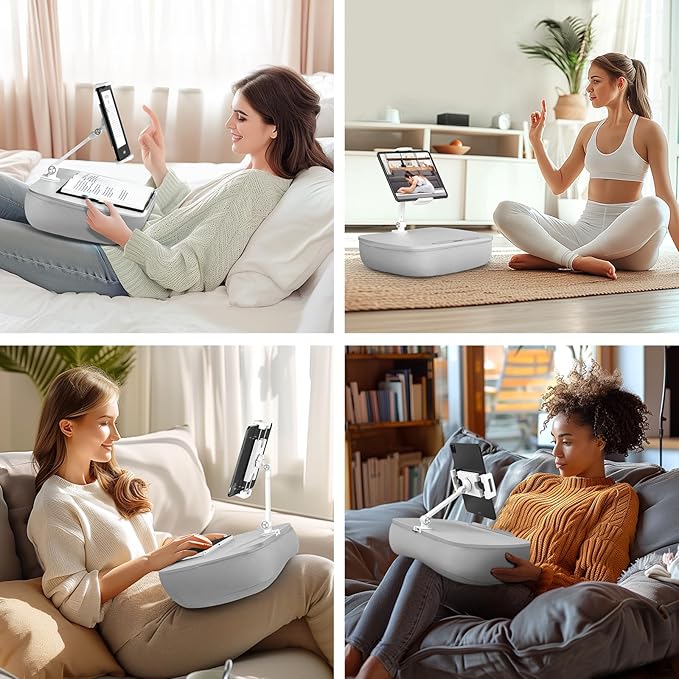 Lap Beanbag Cozy Kindle Pillow Stand for Bed with Adjustable Arm, 360° Tablet Holder, Fits 4.7"-13" Kindle, iPad, Phone, Laptop, Lap Desk for Hands Free Reading in Bed, Couch, Sofa(Light gary)