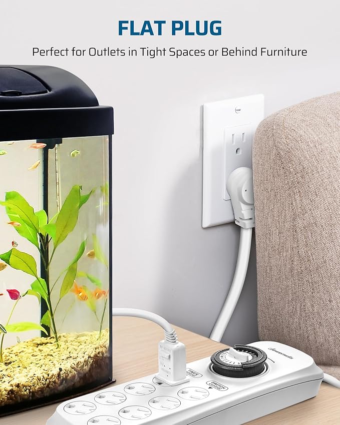 DEWENWILS Mechanical Timer Power Strip with 8 Outlets, Flat Plug, 6ft Long Cord, Overload Protection, Indoor Timer for, Bearded Dragon Tanks, Aquarium, Grow Lights, Plants, Reptile Light, UL Listed