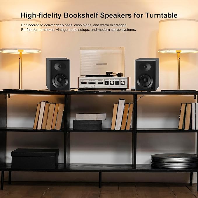 Bookshelf Speakers with Deep Bass, 80W Peak Output HiFi Gaming Computer Speakers, 4" Desktop Audio System for Home Office Desktop PC, Home Entertainment, Turntable, Pair, Black