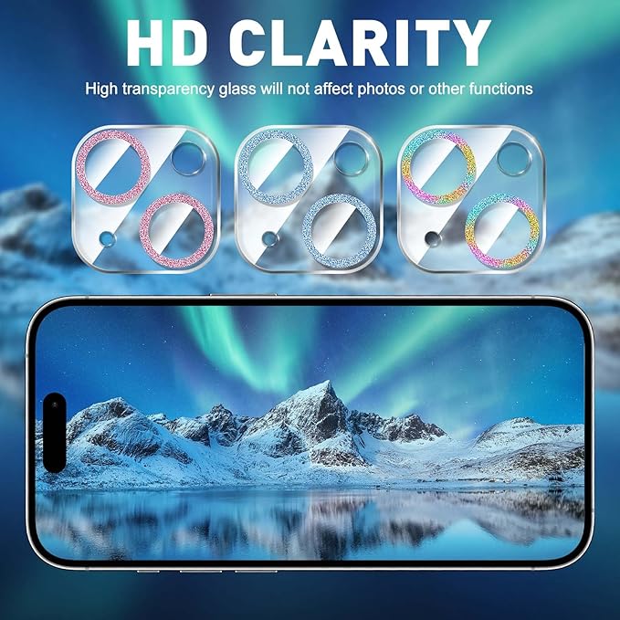 LucBuy 3PCS Sparkling Camera Lens Protector for iPhone 13/iPhone 13 Mini, Full Clear Acrylic Cover with Shiny Colorful Glitter Designed Decoration Back Camera Protector