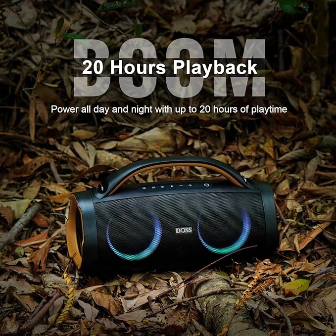 DOSS Extreme Boom+ Loud Bluetooth Speaker with 100W Stereo Sound, Extra Bass, 20H Playtime, Party-Sync Led Lights, Built-in Power Bank, IPX6 Waterproof Outdoor Speaker for Camping, Travel-Copper Gold