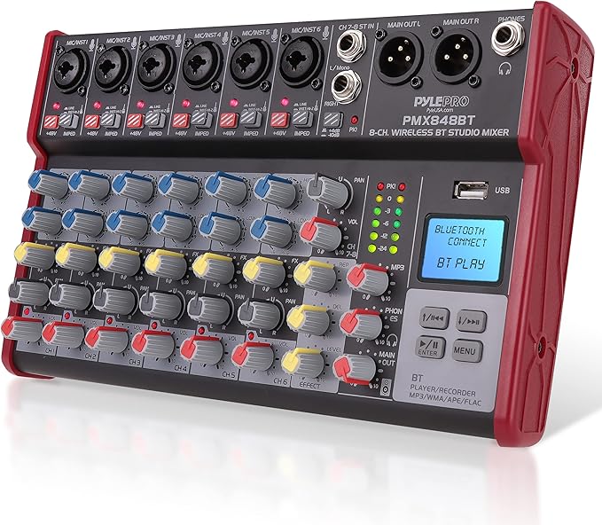 Pyle Professional Wireless DJ Audio Mixer - 8-Channel Bluetooth Compatible DJ Controller Sound Mixer w/USB Port, 6 Mic/Line Input, ¼” Mono/Stereo Input, Headphone Jack, +48V Phantom Power - PMX848BT
