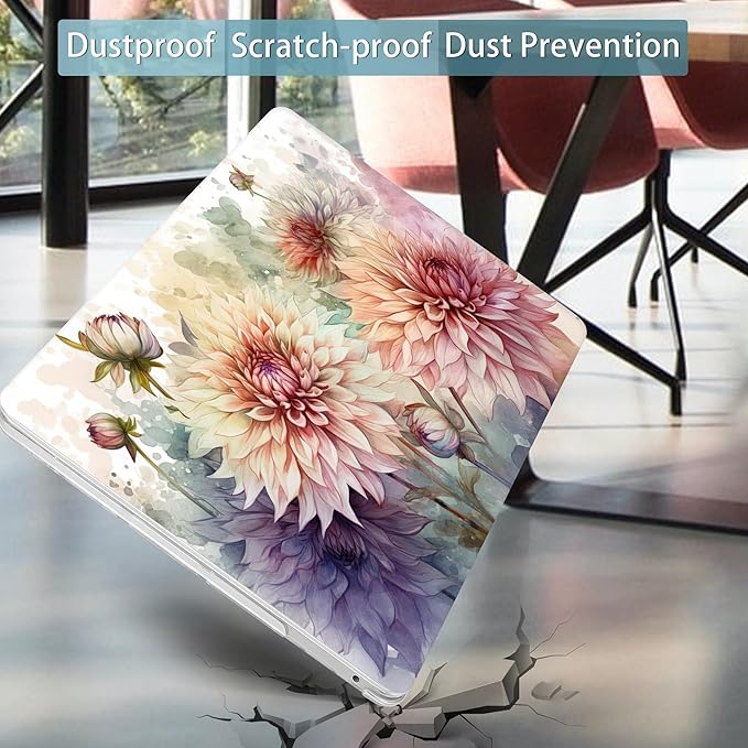 Mektron for MacBook Pro 13-inch Case 2022 2021 2020 Release A2338 M2 M1 A2289 A2251, Printed Plastic Hard Shell Cover for New MacBook Pro 13.3-inch Touch Bar Fits Touch ID, Watercolor Dahlias