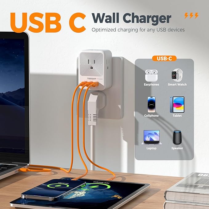USB Multi Plug Outlet Splitter, TESSAN Surge Protector 4 Outlet Extender with 3 USB C Wall Charger Blocks, 3-Sided Multiple Plug Expander for Home Office Dorm Room Essentials