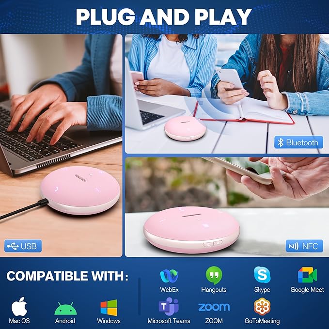 M4 Bluetooth Speakerphone Conference Speaker and Microphone with AI Noise Reduction GPT Transcription Speakers for Computer Desktop 360° Voice Pickup at Home Office for Teams/Zoom, Pink