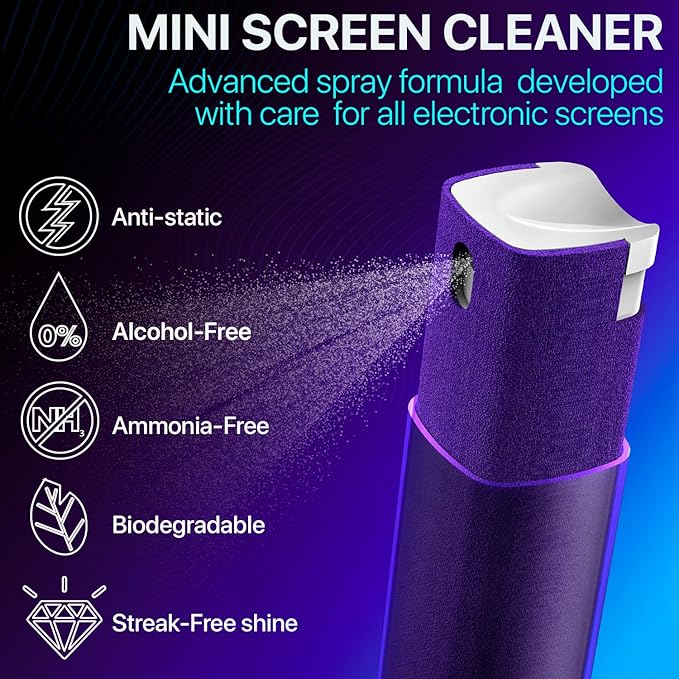 Mini Screen Cleaner Spray – Finger Proof Screen Cleaner for Smartphones, iPads, MacBooks, Laptops, Car Screens, Touchscreens – 3in1 Mist Cleaner, Microfiber Cloth and Protective Cover (Cream)