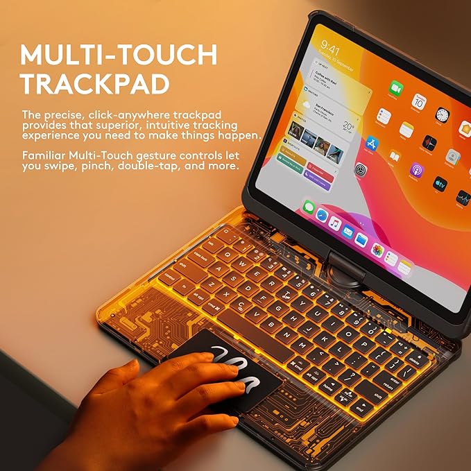 GUSGU Transparent Case with Wireless Keyboard only for 2024 iPad Pro 13-in.(M4), 7 Colors Backlight, Trackpad, 360°Rotating Stand for iPad Pro 13, Tech Style