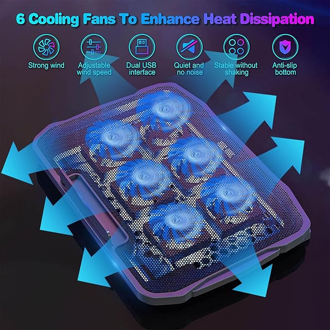 Adjustable Laptop Stand with 6 Quiet Cooling Fans, Upgraded Laptop Cooler Cooling Pad, Aluminum Laptop Stand for Desk Foldable, Ergonomic Computer Notebook Stand Holder for All Laptops and Notebook