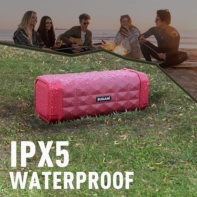 BUGANI Bluetooth Speaker Portable Wireless Speaker, 100ft Wireless Range, Louder Volume, Stereo Sound, Amazing Bass 24H Playtime, IPX5, Built-in Mic, Waterproof Speaker for Home, Outdoor, Red