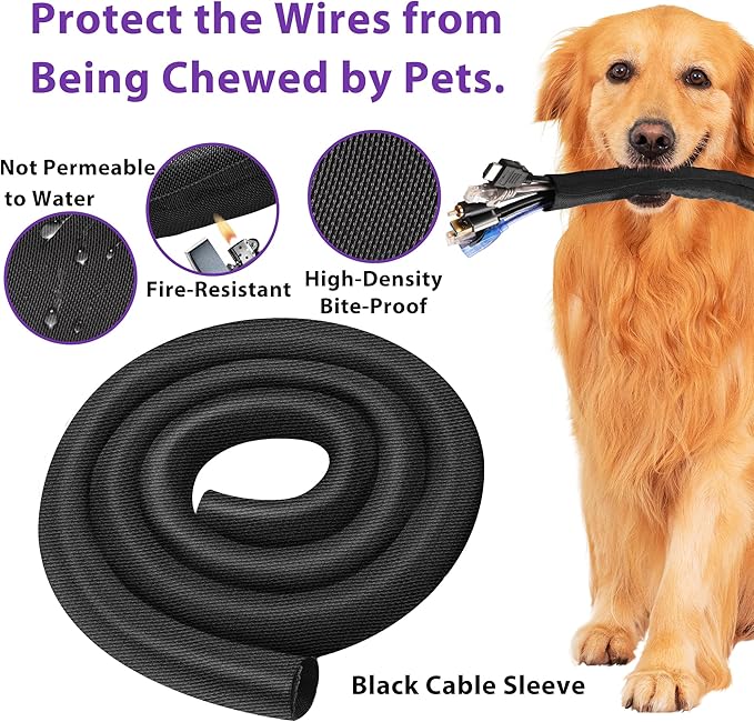 Cable Management Sleeve YCLYC 8.2ft - 3/8inch, Cable Wrap Cord Covers for Pets, Easy Install Cable Sleeves Cord Management, Flexible Computer Cord Organizer for Cords, Black Cable Covers
