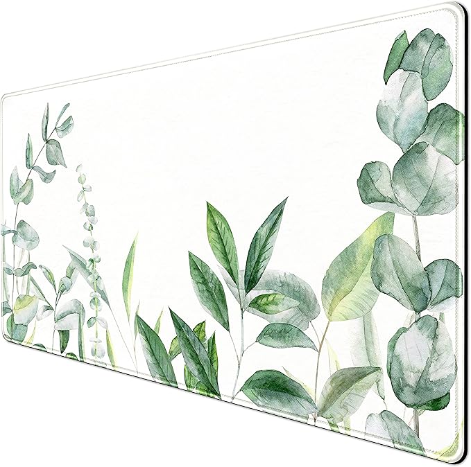 Eucalyptus Leaves Large Mouse Pad Green Plants Extended Gaming Mousepad, Leaf Desk Mat with Stitched Edges XXL Size (31.5x15.75 Inchs), Wireless Mouse Keyboard Mat for Desktop Laptop, Game, Office