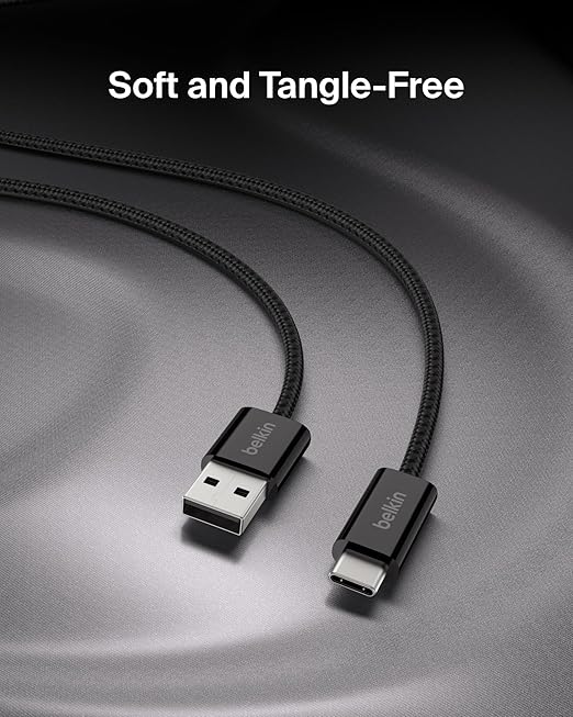 Belkin USB A to USB C Cable 2-Pack, 9.9ft, 15W - Type C Charger, iPhone Charger Cord, Soft, Braided, Flexible for iPhone 16 & 15, Galaxy S25, Pixel 9, iPad Pro, Airpods Pro, Switch & More - Black