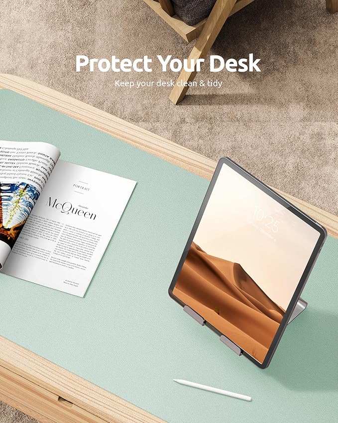 YSAGi Leather Desk Protector, Office Mat, Large Mouse Mat, Non-Slip PU Leather Blotter, Laptop Pad, Waterproof Writing Pad for Office and Home (Pale Green, 23.6" x 13.8")
