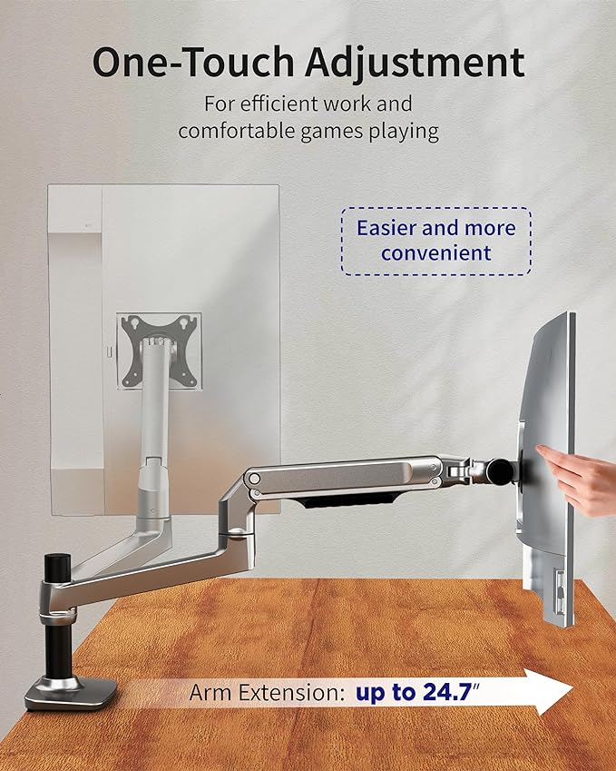 Single Monitor Arm Desk Mount, Holds Screens up to 40 Inches and 25 lbs, Fully Adjustable Vesa Monitor Mount with C-Clamp and Grommet Base, Aluminum, Silver