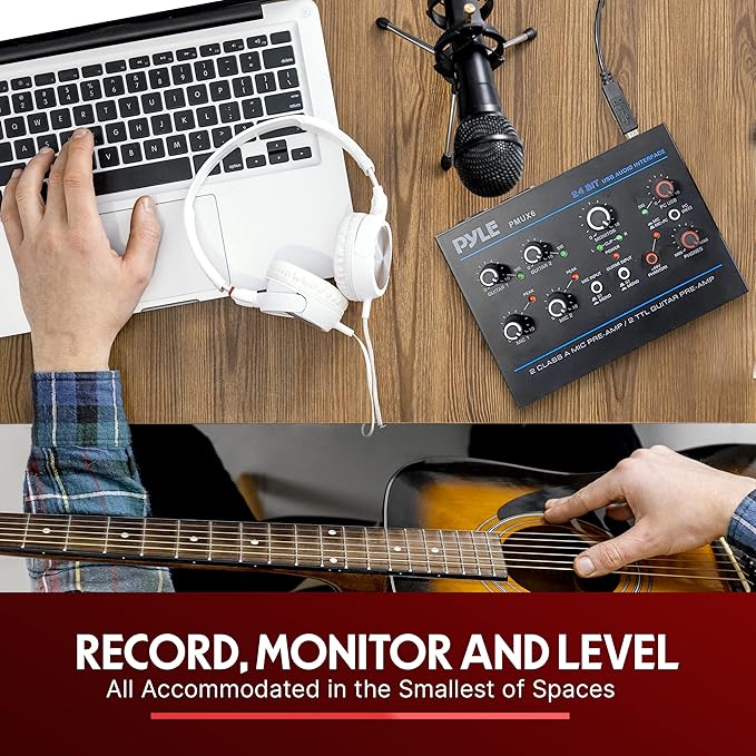 Pyle Professional USB Audio Interface with MIC, Guitar, AUX Stereo Inputs, Phone/Monitor Outputs, Ideal for Computer Playing & Recording, Compact Rugged Metal Housing - PMUX6
